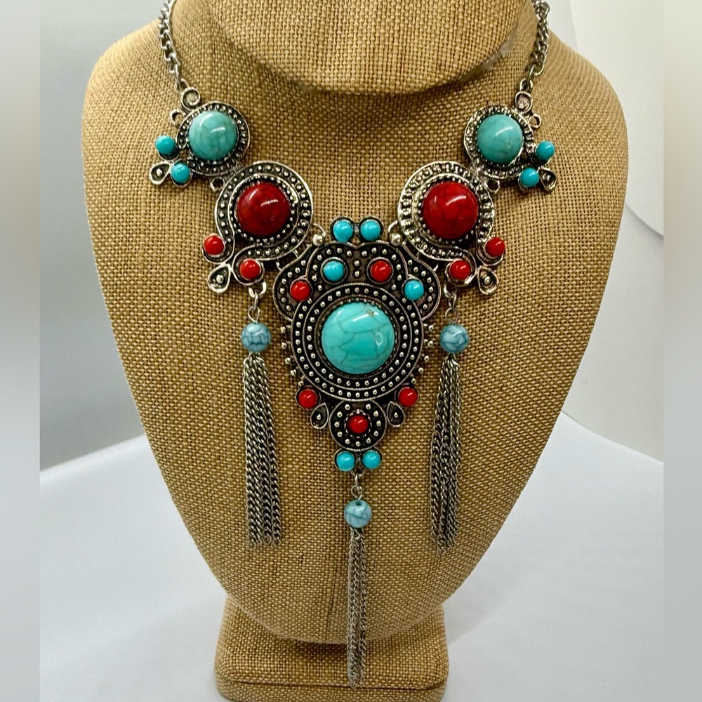 Bohemian Statement Necklace with Turquoise and Red Accents